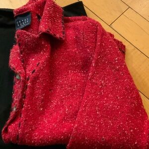 Vintage 80-90’s Liz Claiborne Crazy Horse Red Tweed Knit Cardigan Sweater